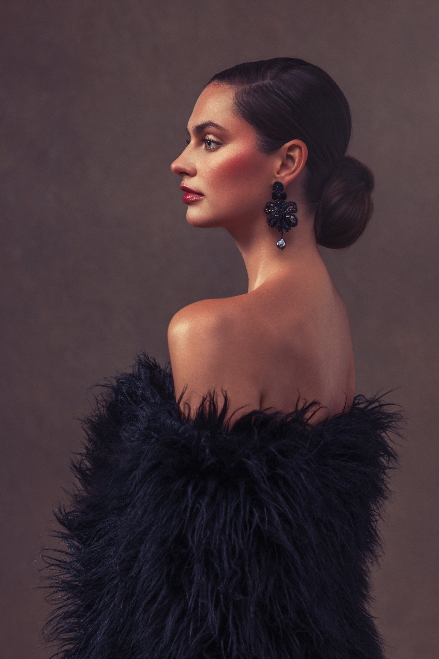Editorial studio portrait in vintage fur under hard light, AJK Images Dallas